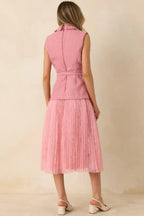 Women's Caught You Smiling Rose Pink Textured Woven Belted Lace Midi Dress | Self: 70% Polyester & 30% Wool 6