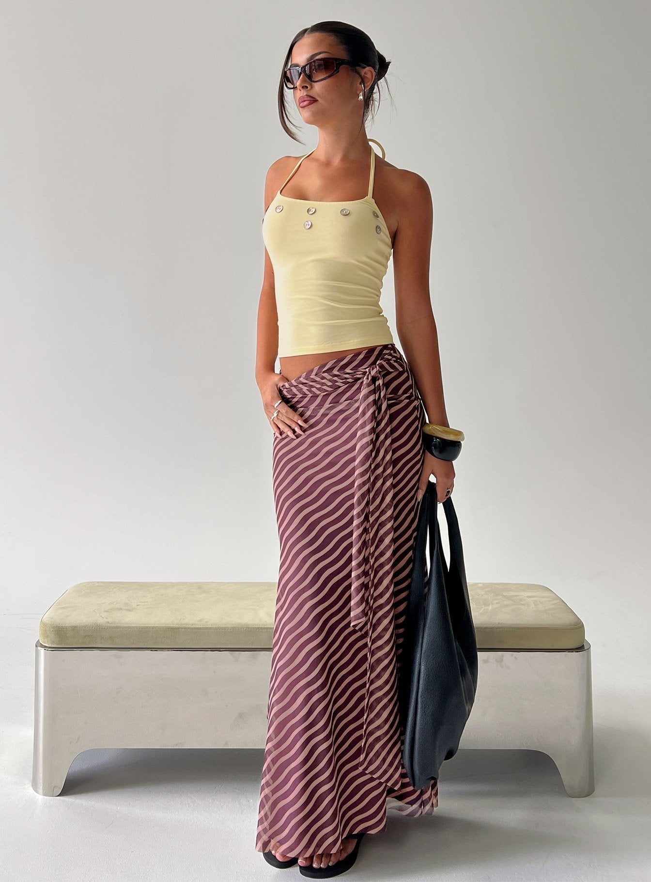 Women's Caviar Tie Maxi Skirt Brown Stripe | Maxi skirt in stripe print with a tie design 0
