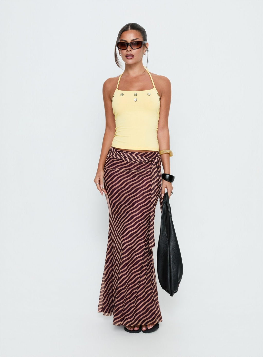 Women's Caviar Tie Maxi Skirt Brown Stripe | Maxi skirt in stripe print with a tie design 1