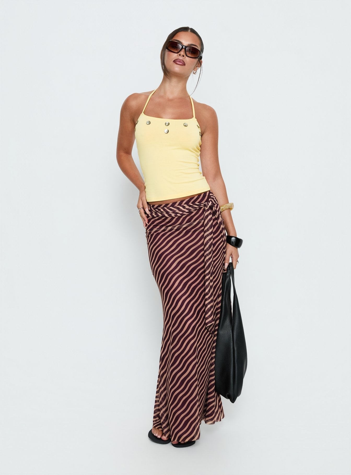 Women's Caviar Tie Maxi Skirt Brown Stripe | Maxi skirt in stripe print with a tie design 2