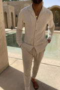 Cecile Lavelle | Men's Outfit with Relaxed Fit Beige Shirt & Pants Set | Stylish Summer Look for Comfort