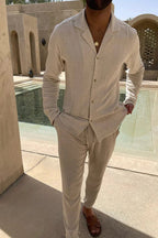 Cecile Lavelle | Men's Outfit with Relaxed Fit Beige Shirt & Pants Set | Stylish Summer Look for Comfort