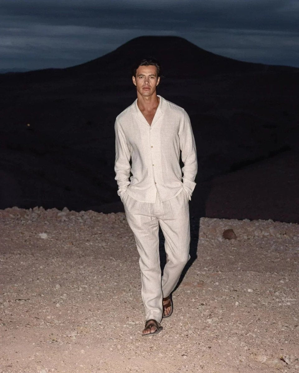 Cecile Lavelle | Men's Outfit with Relaxed Fit Beige Shirt & Pants Set | Stylish Summer Look for Comfort