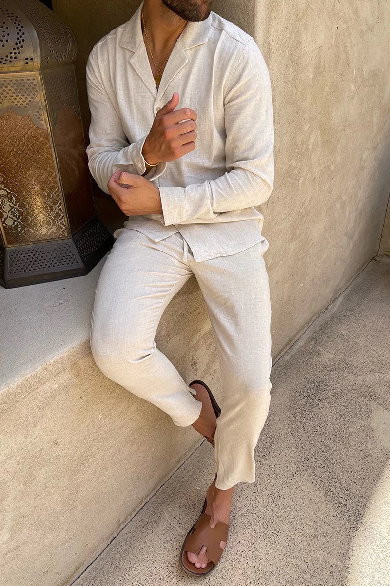 Cecile Lavelle | Men's Outfit with Relaxed Fit Beige Shirt & Pants Set | Stylish Summer Look for Comfort