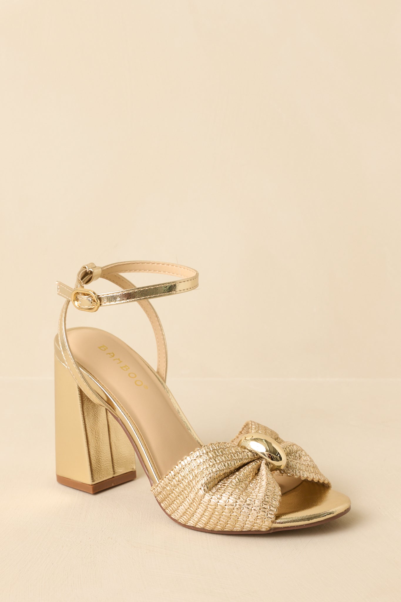 Women's Charmed I'm Sure Gold Woven Bow Block Heel Sandals | Heel measures 3.75" 3