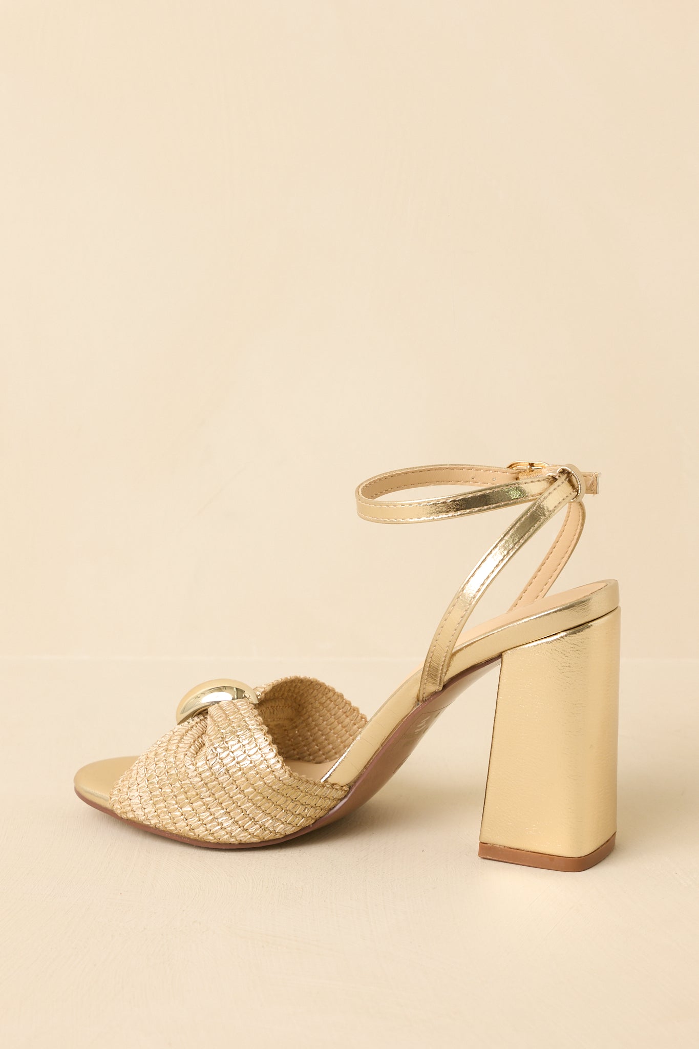 Women's Charmed I'm Sure Gold Woven Bow Block Heel Sandals | Heel measures 3.75" 5