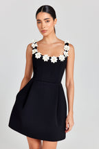 Floral Appliqué Mini Dress — Fitted Bodice with Pockets