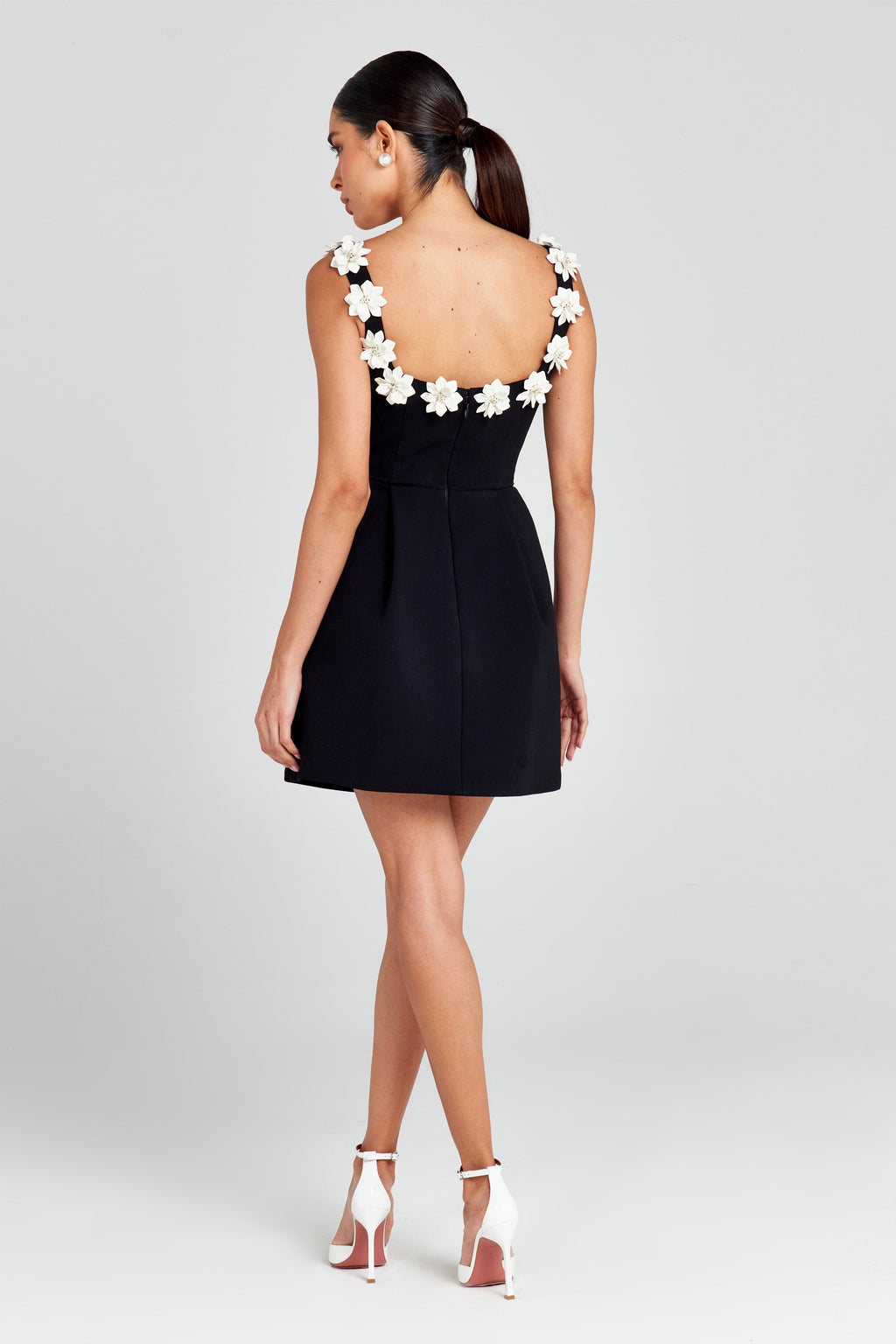 Floral Appliqué Mini Dress — Fitted Bodice with Pockets