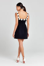 Floral Appliqué Mini Dress — Fitted Bodice with Pockets
