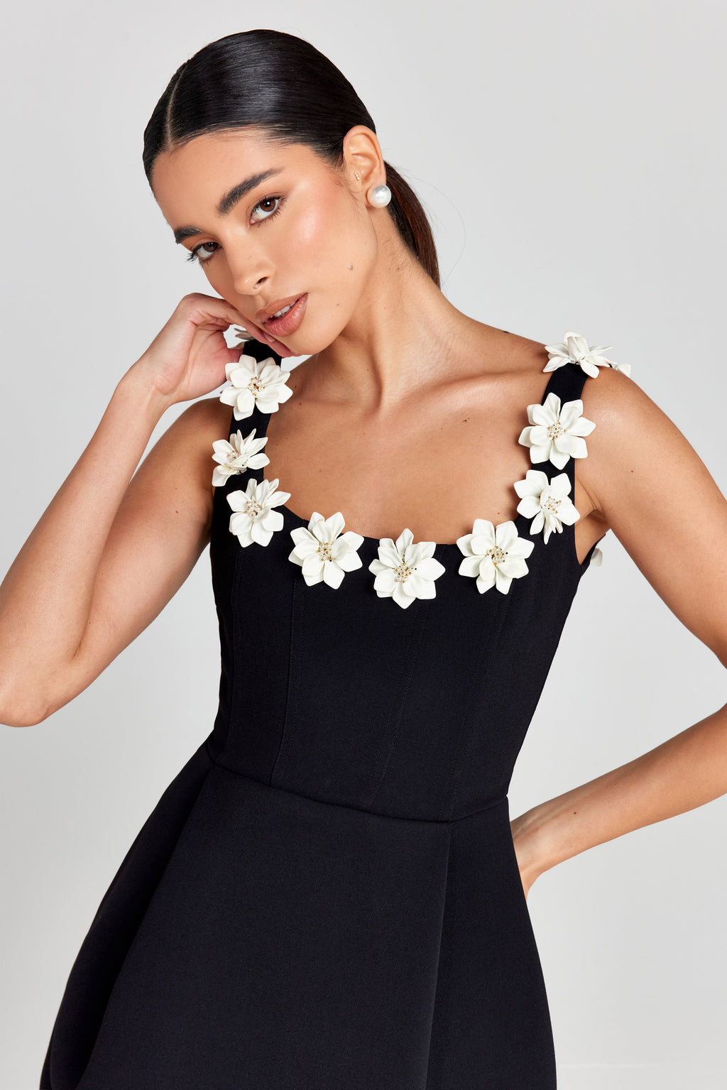 Floral Appliqué Mini Dress — Fitted Bodice with Pockets