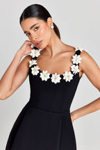 Floral Appliqué Mini Dress — Fitted Bodice with Pockets