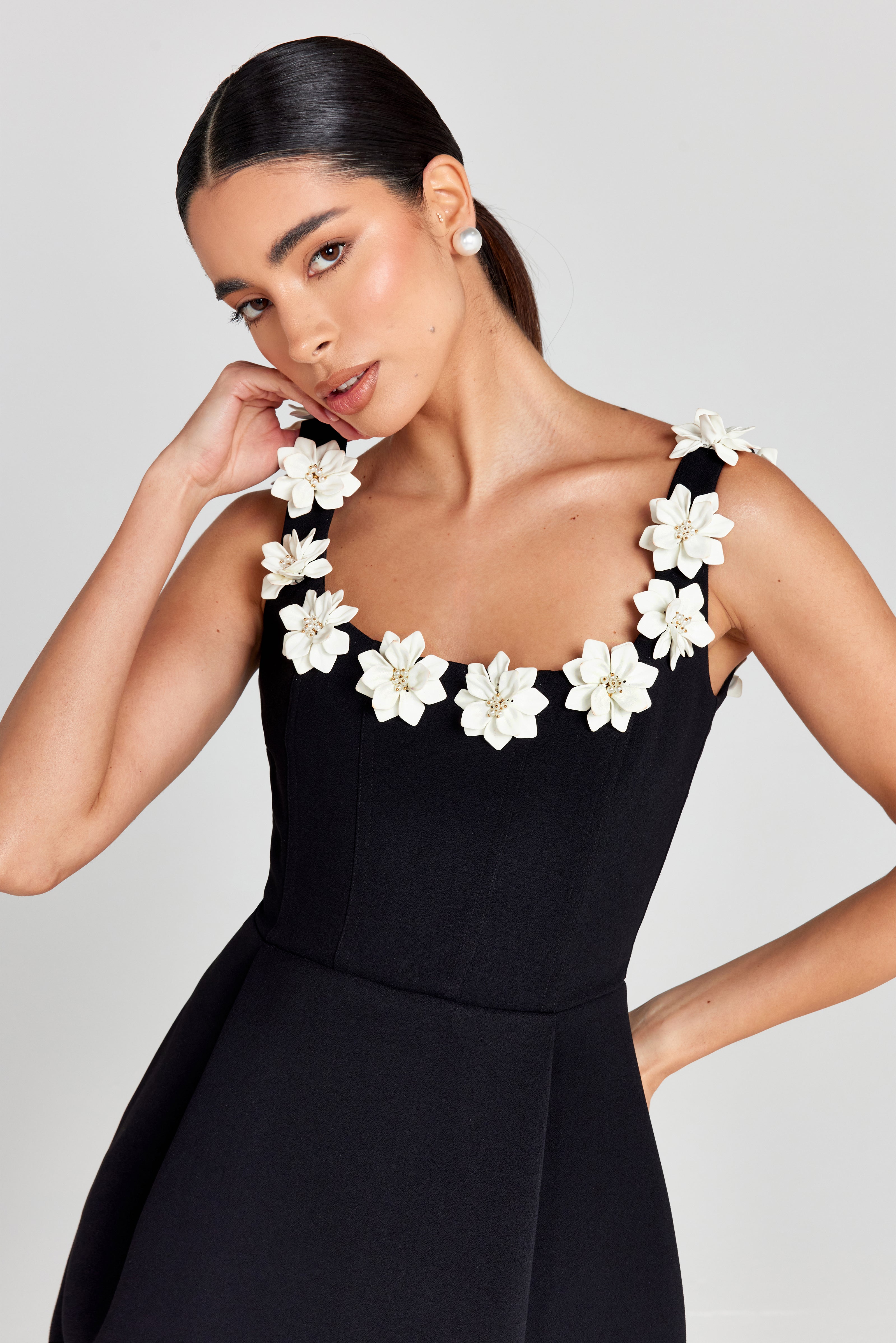 Floral Appliqué Mini Dress — Fitted Bodice with Pockets