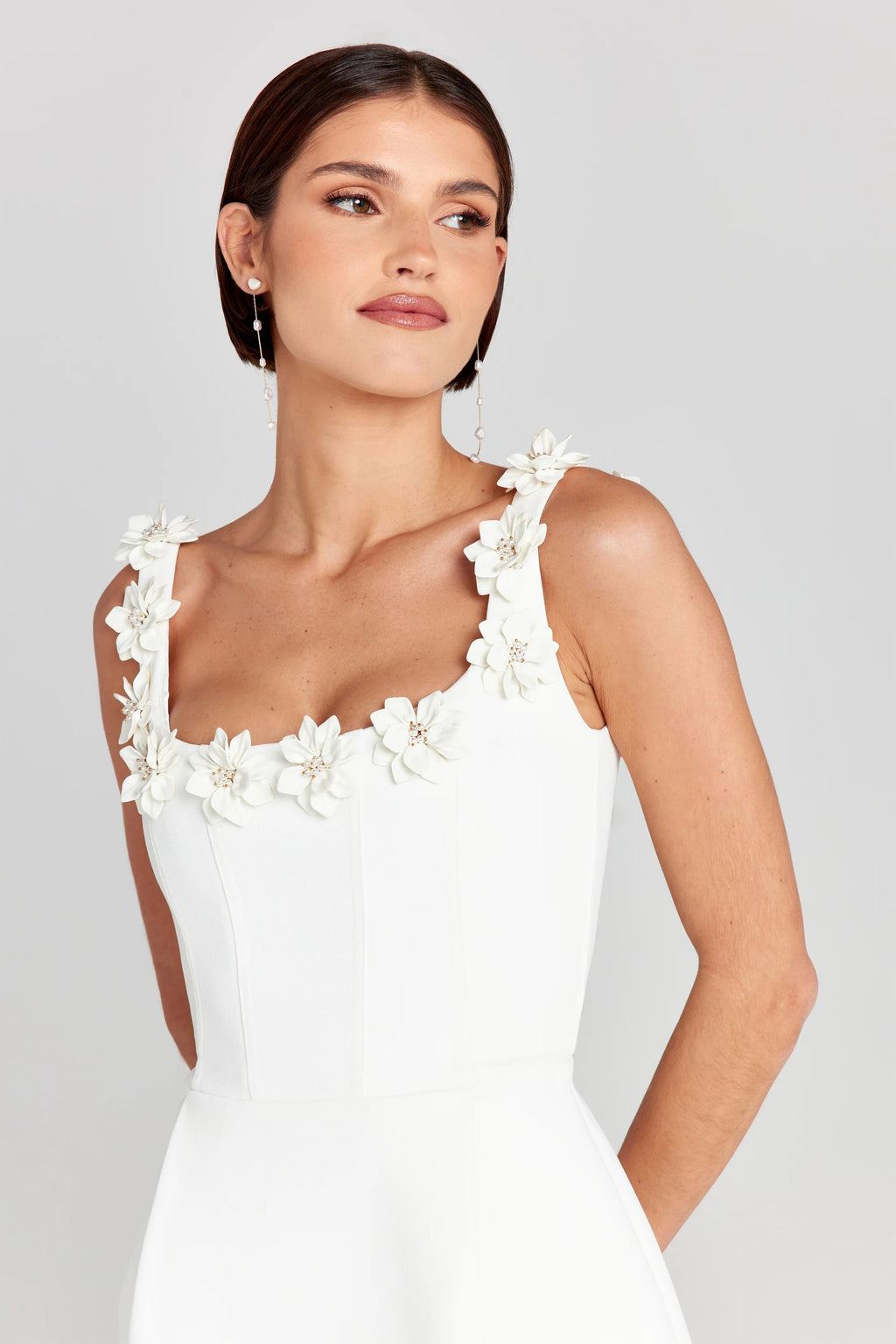 Floral Appliqué Mini Dress — Fitted Bodice with Pockets