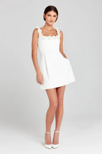 Floral Appliqué Mini Dress — Fitted Bodice with Pockets