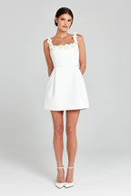 Floral Appliqué Mini Dress — Fitted Bodice with Pockets