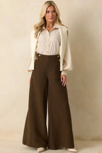 Women's Chart the Course Dark Brown Wide Leg Button Pants | 95% Polyester & 4% Spandex 1