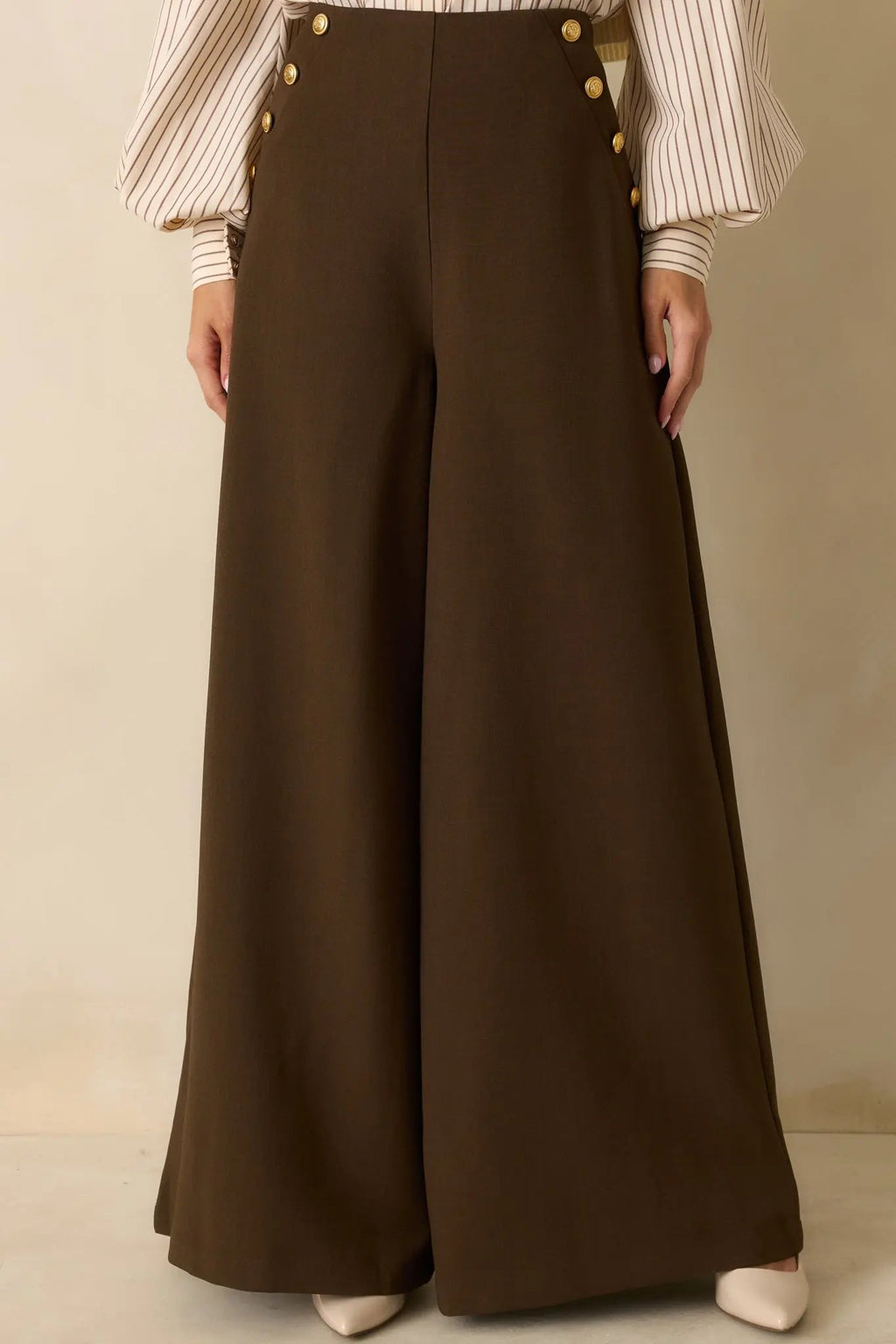 Women's Chart the Course Dark Brown Wide Leg Button Pants | 95% Polyester & 4% Spandex 2