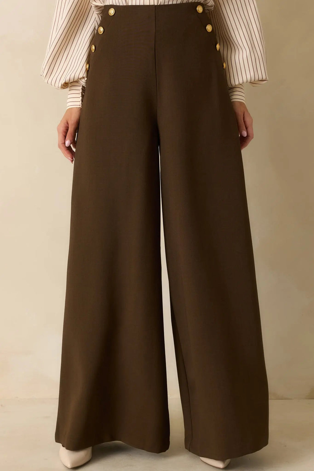 Women's Chart the Course Dark Brown Wide Leg Button Pants | 95% Polyester & 4% Spandex 3