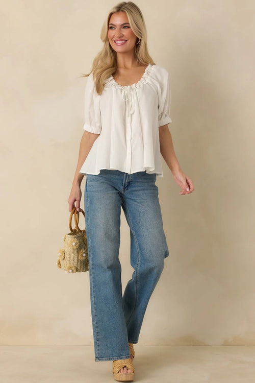 Women's Chasing Sunshine White Puff Sleeve Flowy Blouse | 60% Cotton & 40% Rayon 0