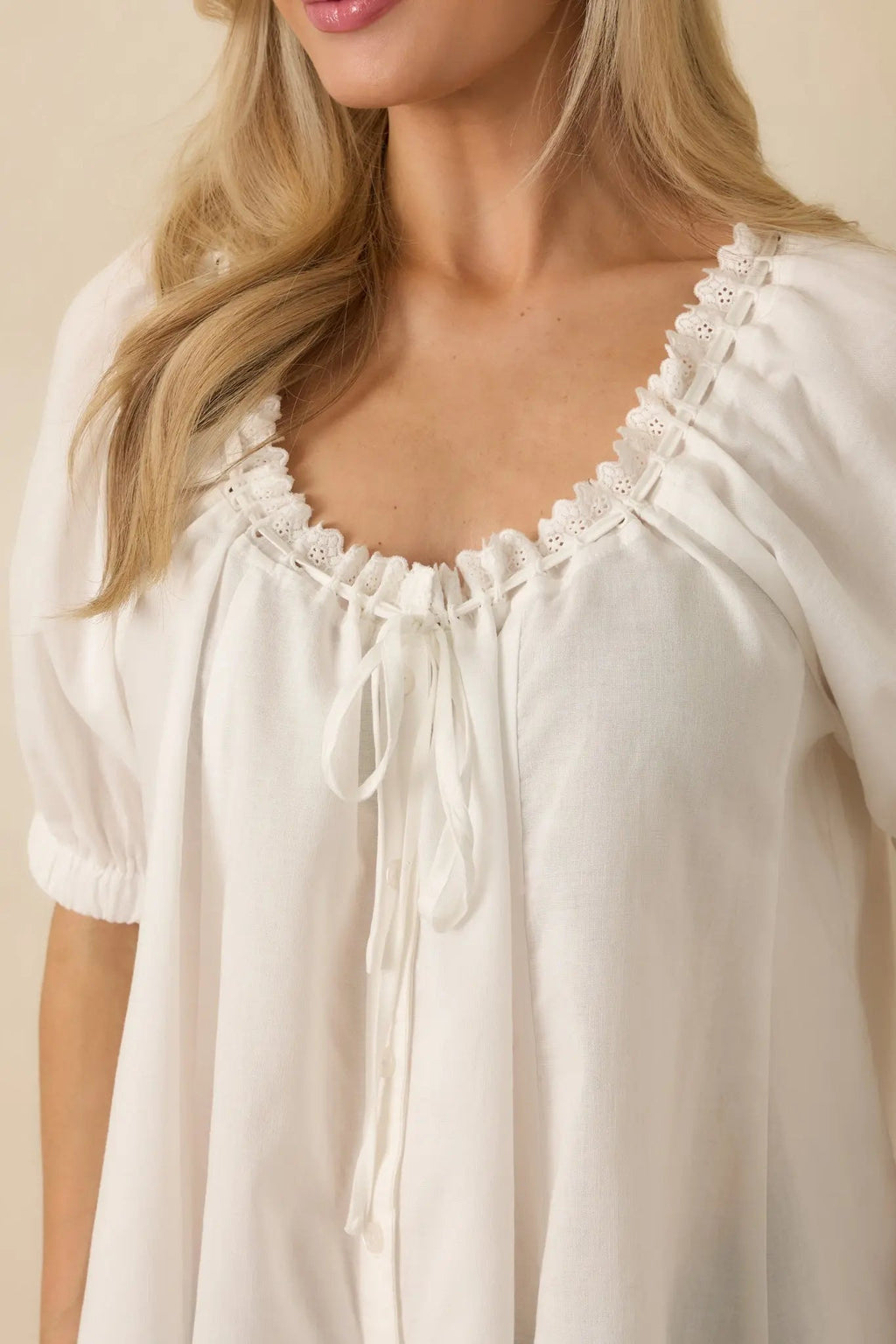 Women's Chasing Sunshine White Puff Sleeve Flowy Blouse | 60% Cotton & 40% Rayon 2