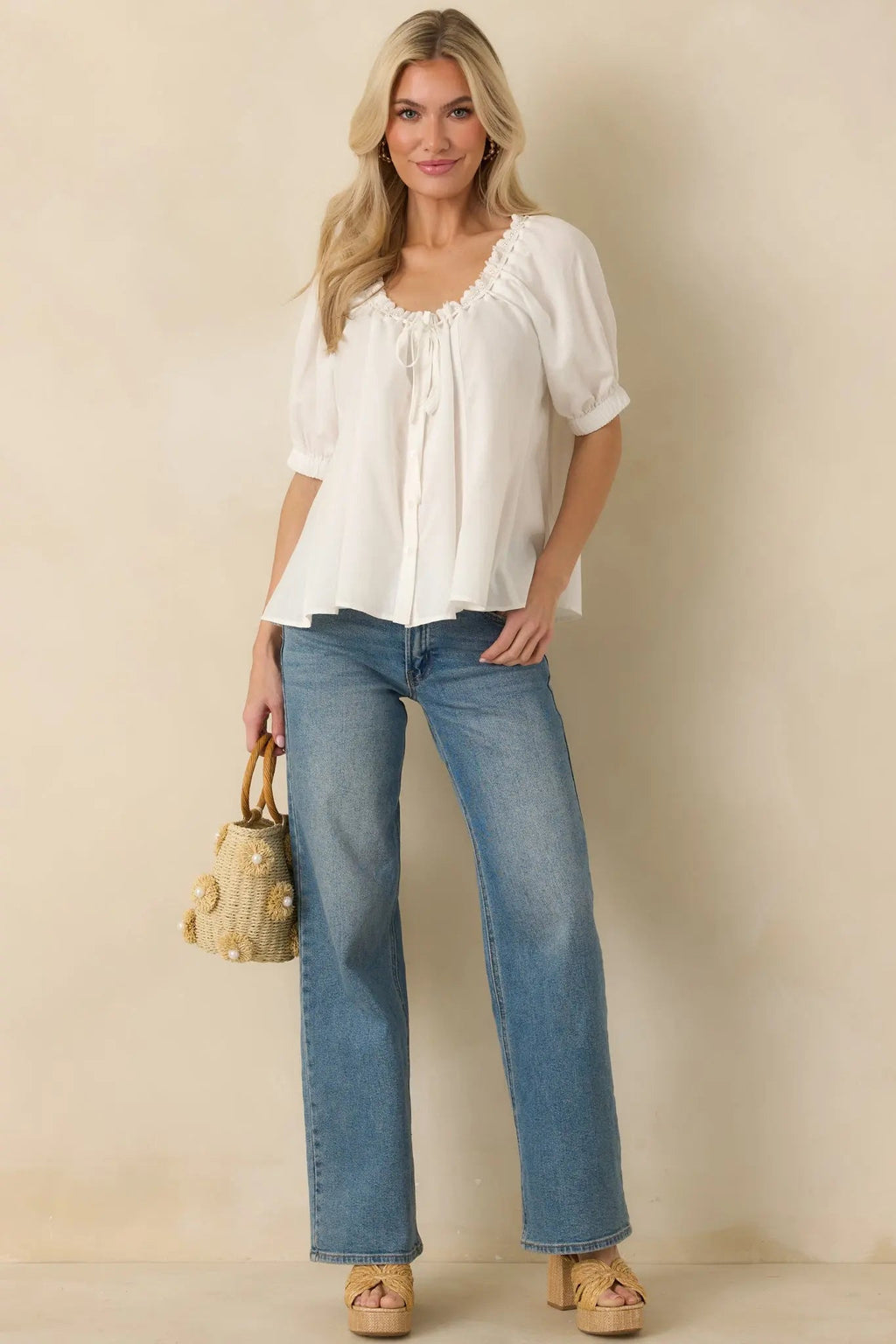 Women's Chasing Sunshine White Puff Sleeve Flowy Blouse | 60% Cotton & 40% Rayon 3