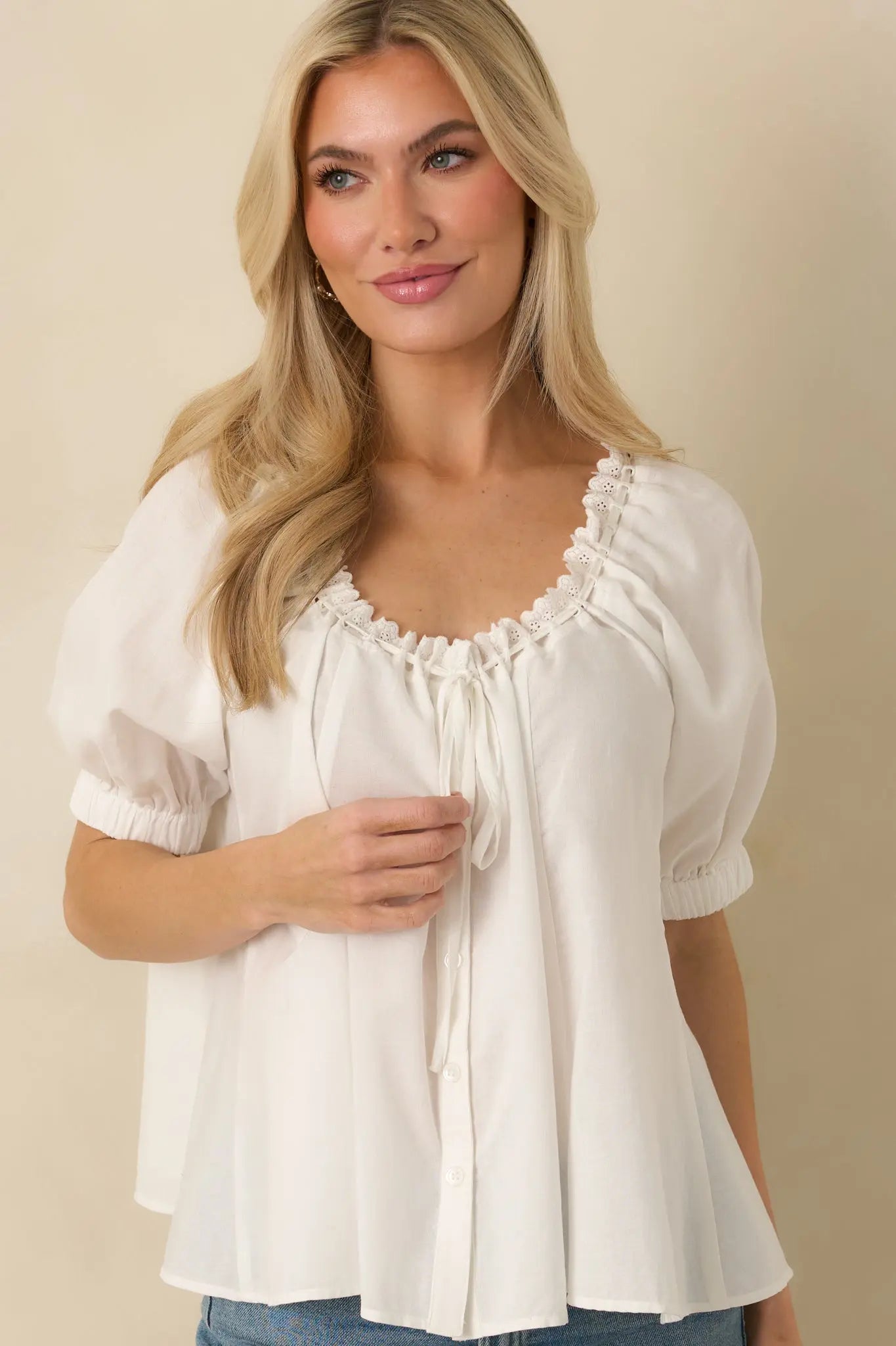 Women's Chasing Sunshine White Puff Sleeve Flowy Blouse | 60% Cotton & 40% Rayon 5