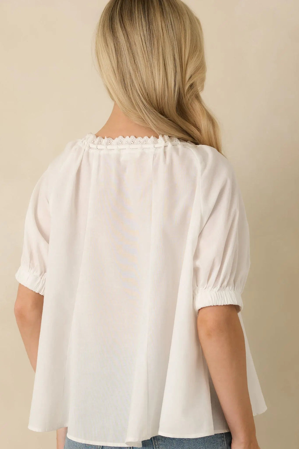 Women's Chasing Sunshine White Puff Sleeve Flowy Blouse | 60% Cotton & 40% Rayon 7