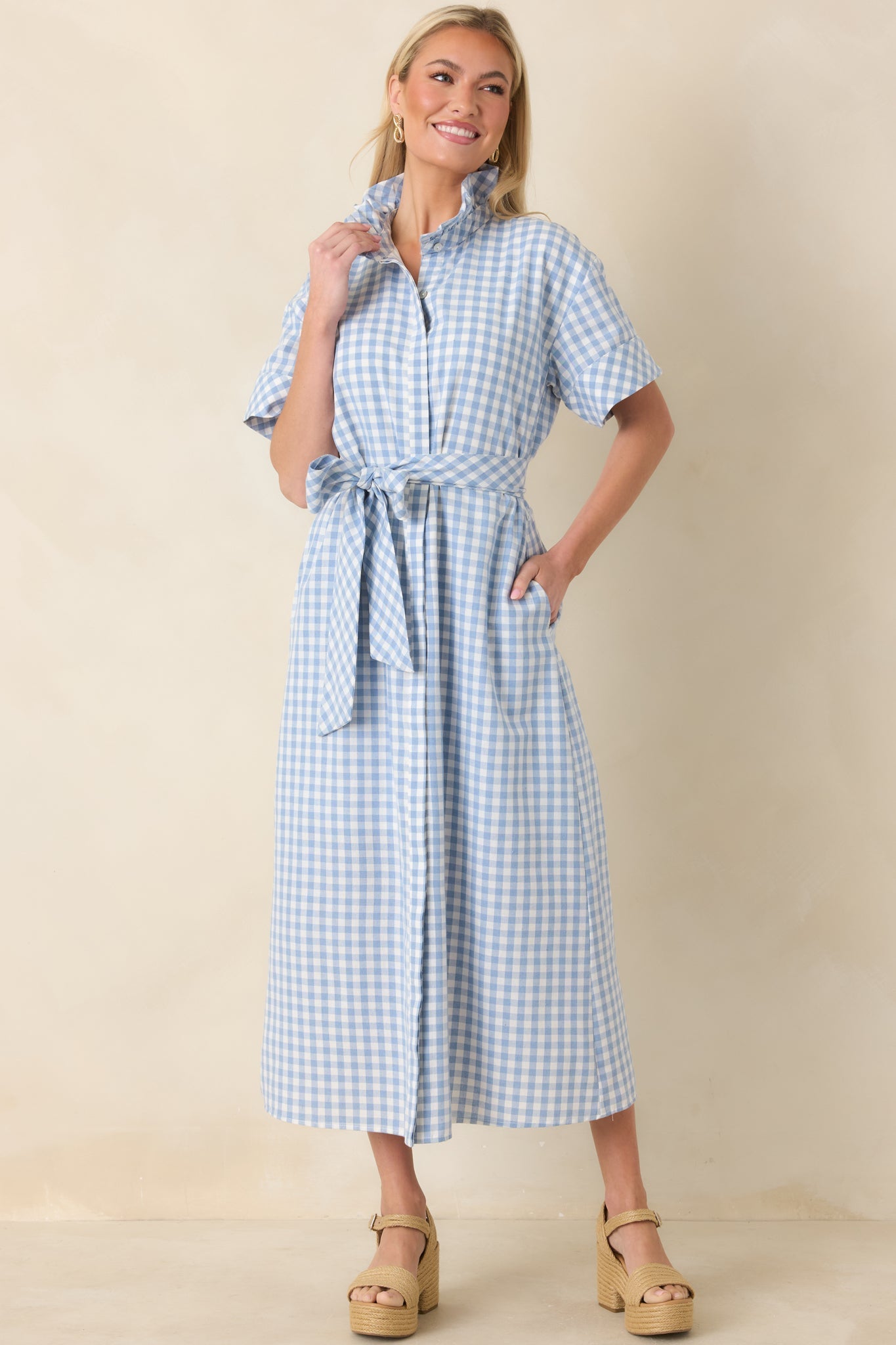 Women's Check Me Out Blue Gingham Ruffle Collar Belted Maxi Dress | 72% Cotton 0
