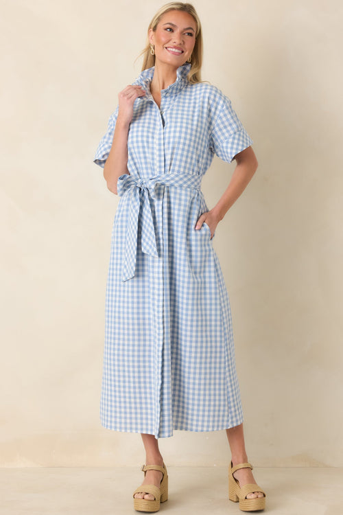 Women's Check Me Out Blue Gingham Ruffle Collar Belted Maxi Dress | 72% Cotton 0