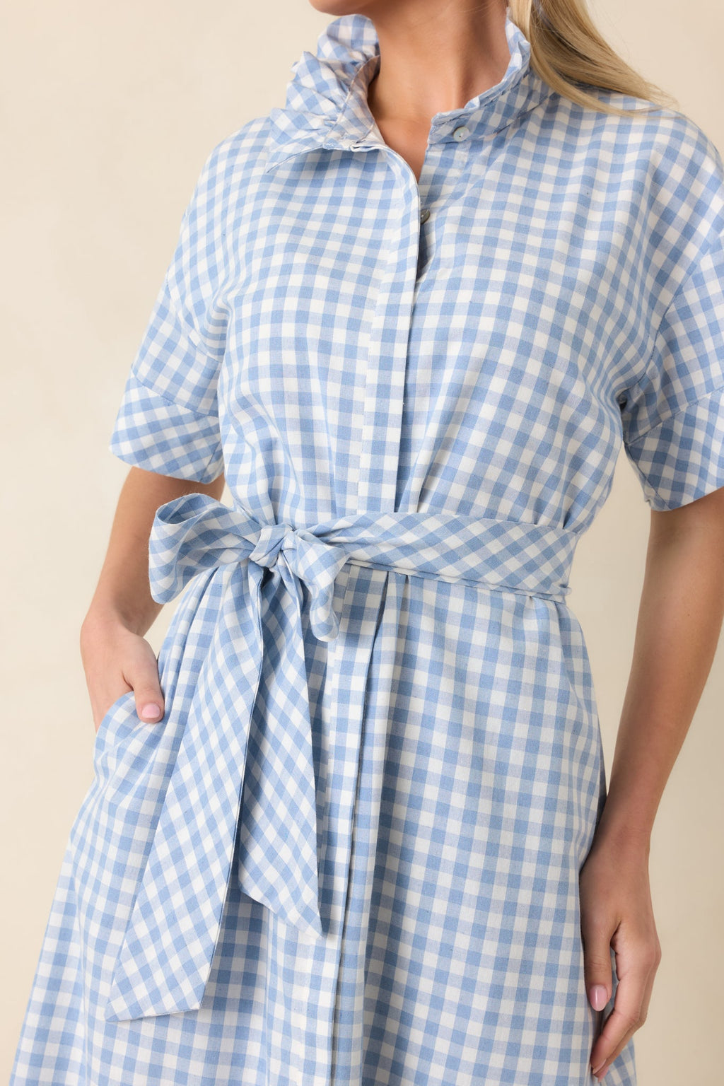 Women's Check Me Out Blue Gingham Ruffle Collar Belted Maxi Dress | 72% Cotton 1