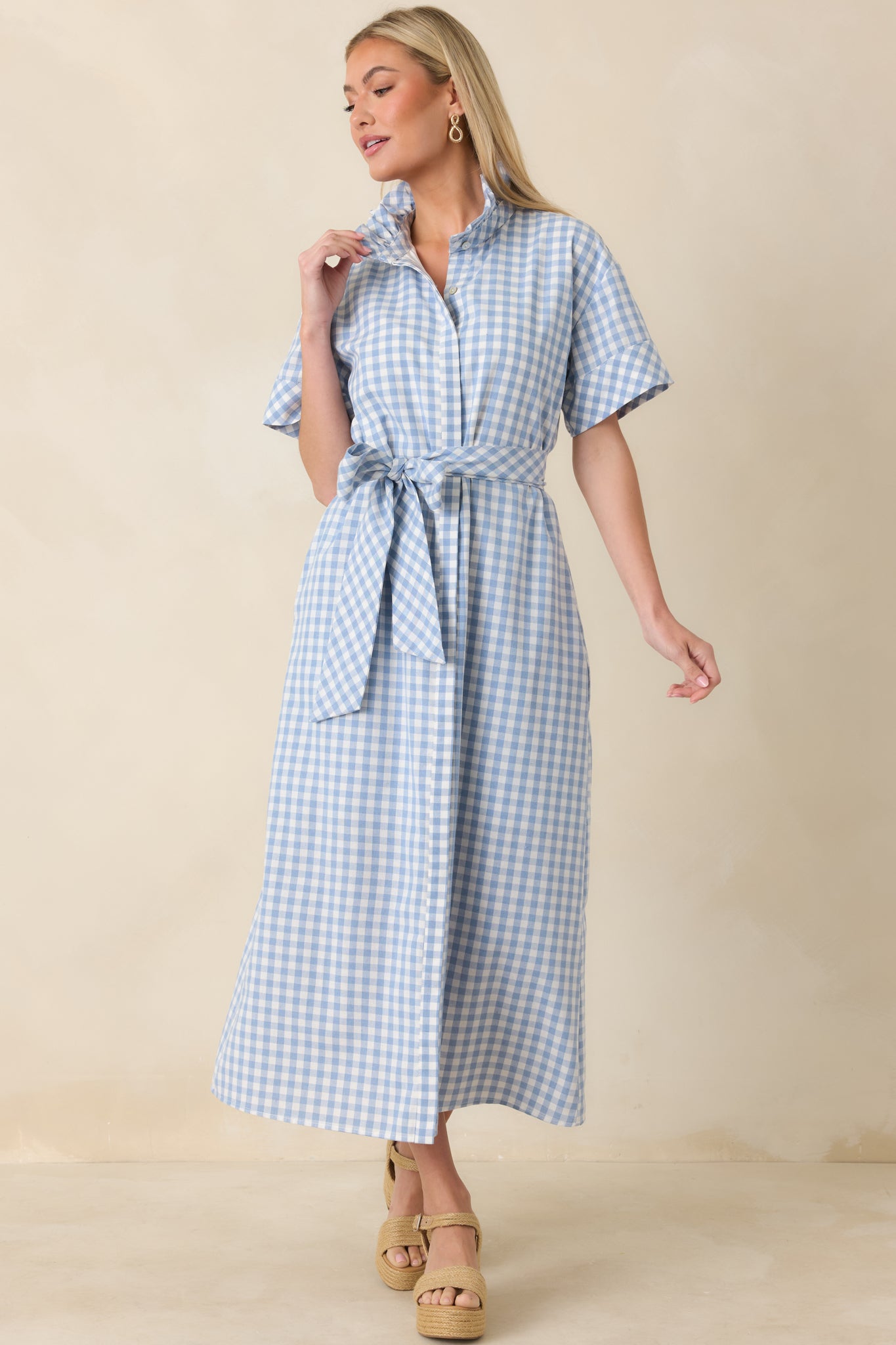 Women's Check Me Out Blue Gingham Ruffle Collar Belted Maxi Dress | 72% Cotton 3