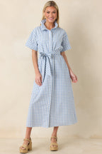Women's Check Me Out Blue Gingham Ruffle Collar Belted Maxi Dress | 72% Cotton 4
