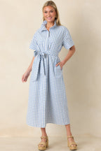 Women's Check Me Out Blue Gingham Ruffle Collar Belted Maxi Dress | 72% Cotton 5