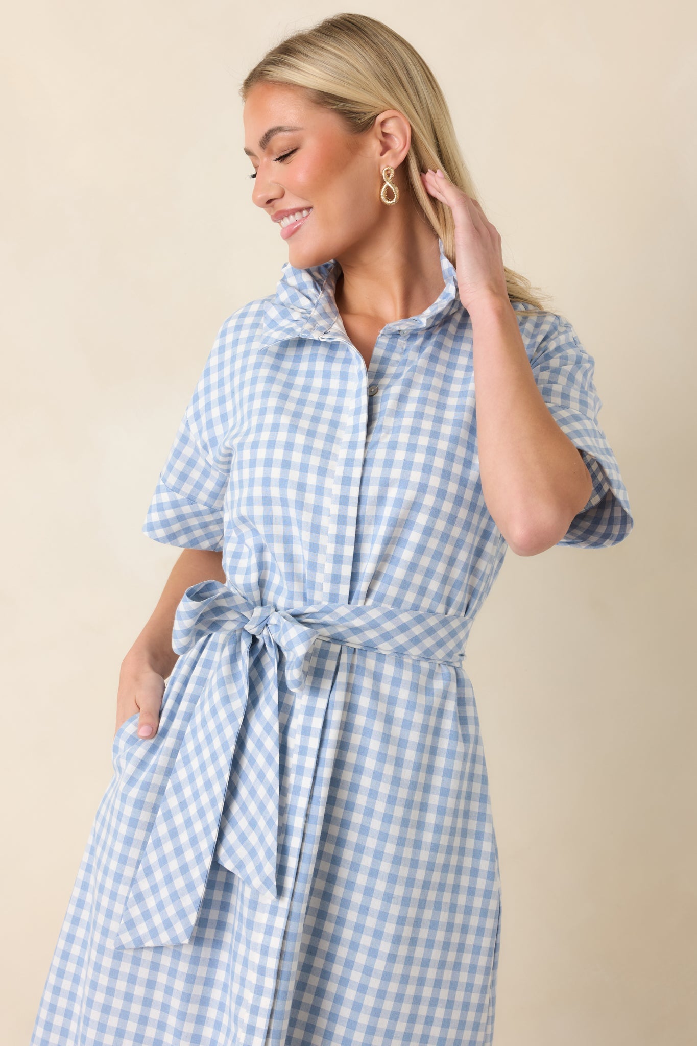 Women's Check Me Out Blue Gingham Ruffle Collar Belted Maxi Dress | 72% Cotton 6