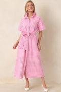 Women's Check Me Out Pink Gingham Ruffle Collar Belted Maxi Dress | 72% Cotton 0