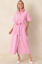 Women's Check Me Out Pink Gingham Ruffle Collar Belted Maxi Dress | 72% Cotton 0