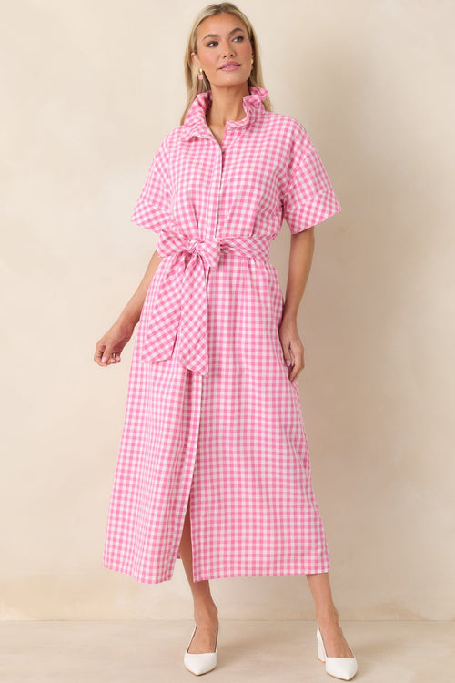 Women's Check Me Out Pink Gingham Ruffle Collar Belted Maxi Dress | 72% Cotton 0