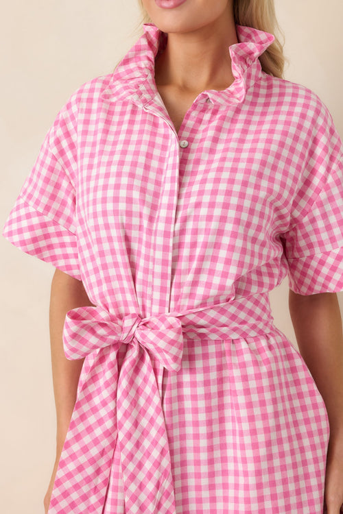 Women's Check Me Out Pink Gingham Ruffle Collar Belted Maxi Dress | 72% Cotton 1