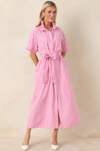 Women's Check Me Out Pink Gingham Ruffle Collar Belted Maxi Dress | 72% Cotton 2