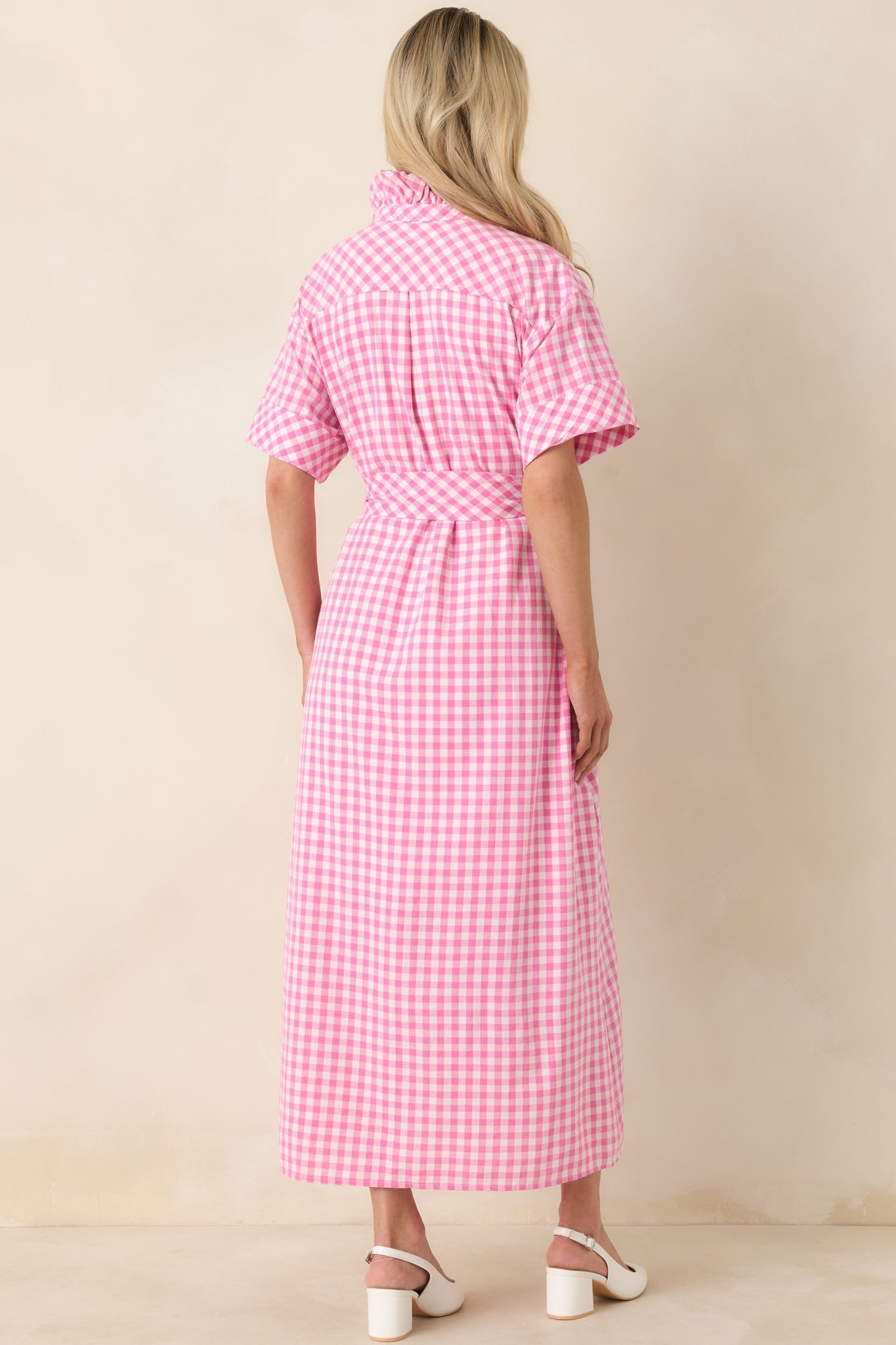 Women's Check Me Out Pink Gingham Ruffle Collar Belted Maxi Dress | 72% Cotton 4