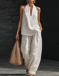 Chic Boho – Women's Outfit with Halter Top & Wide Leg Pants –...
