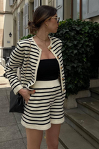 Chic Co Ord Set | Stylish Two Piece Set with Gold Button Detailing | Elegant Black and Cream Stripes for Effortless Style