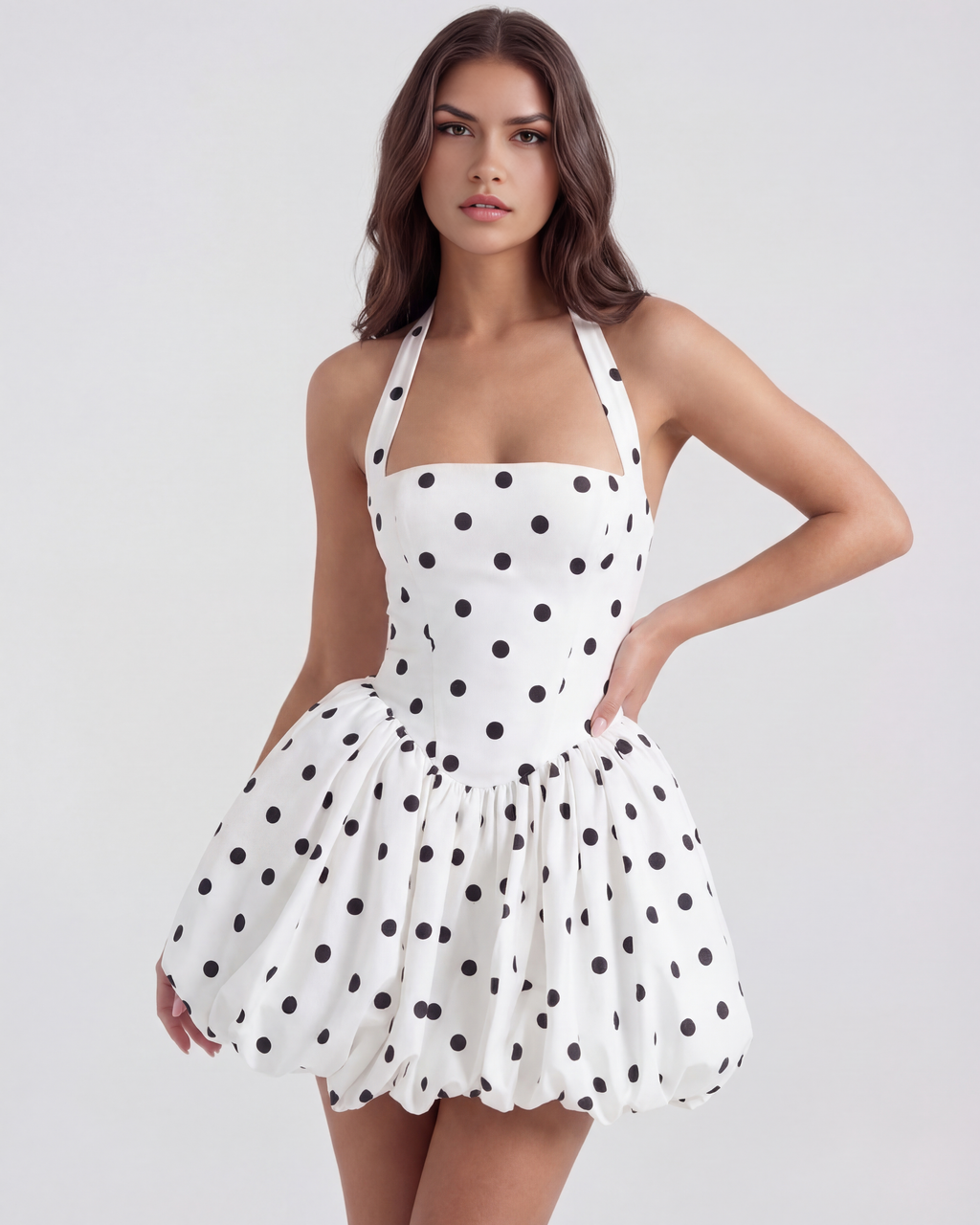 Women's Black Polka Dot Mini Dress with Square Halter Neckline –...