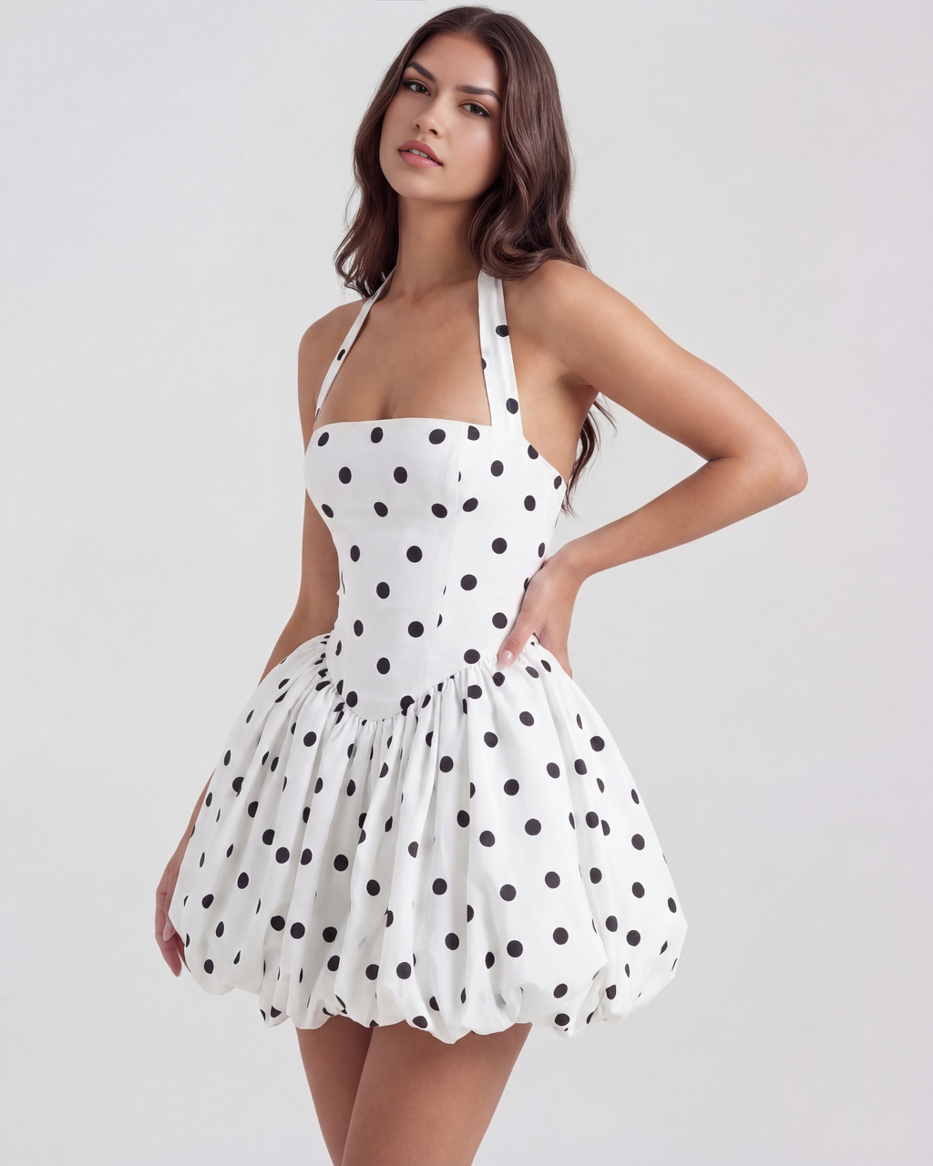 Women's Black Polka Dot Mini Dress with Square Halter Neckline –...