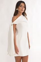 Chic Collection | Women's White Dress with Asymmetrical Neckline | Stylish Summer Dress for Effortless Elegance