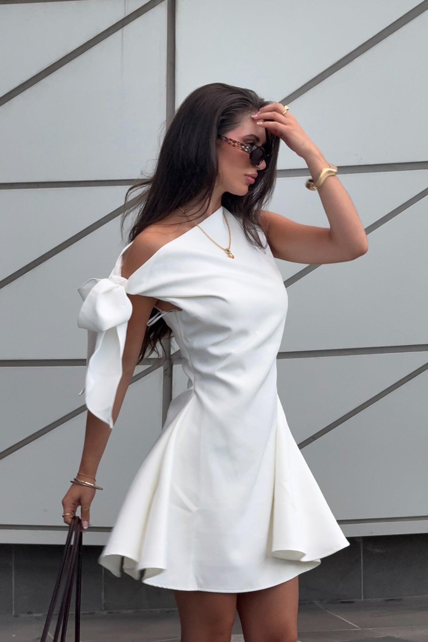 Chic Collection | Women's White Dress with Asymmetrical Neckline | Stylish Summer Dress for Effortless Elegance