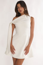 Chic Collection | Women's White Dress with Asymmetrical Neckline | Stylish Summer Dress for Effortless Elegance