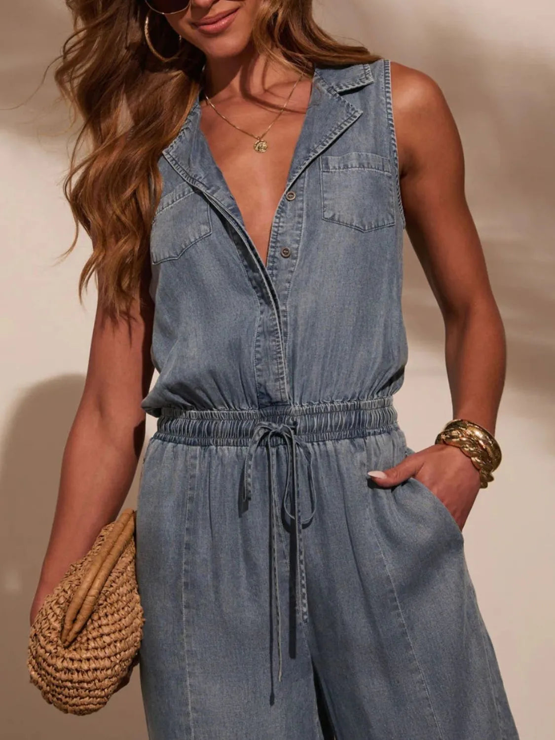 Chic Denim Jumpsuit for Women with Drawstring Waist | Comfortable Fit for Effortless Style