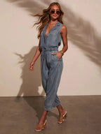 Chic Denim Jumpsuit for Women with Drawstring Waist | Comfortable Fit for Effortless Style