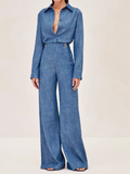 Chic Denim Two Piece Set | Soft Denim Button-Up Shirt & Wide-Leg Pants for Effortless Style